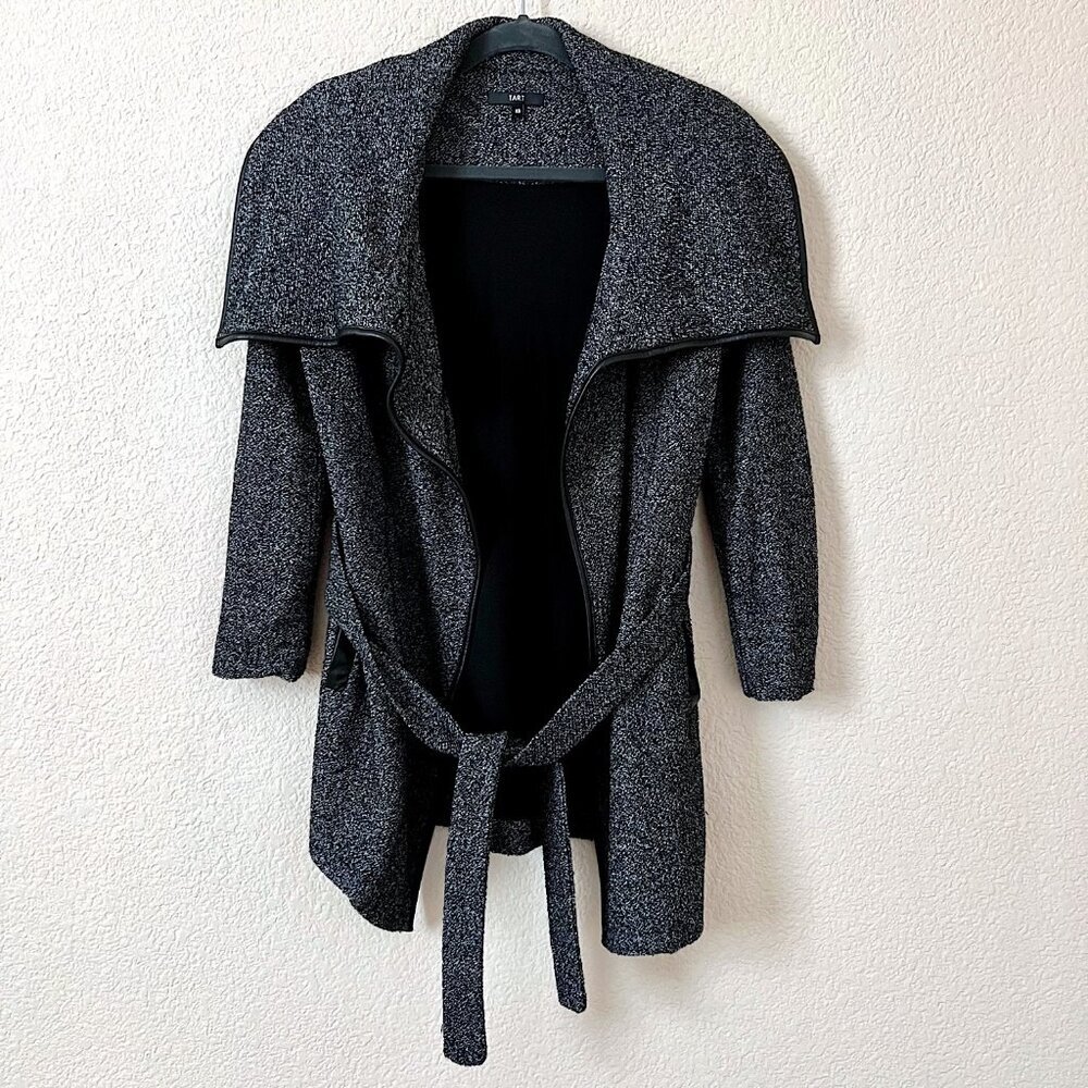 Black Marble Textured Wide Collar Leather Trim Belted Sweater Coat w/ Pockets